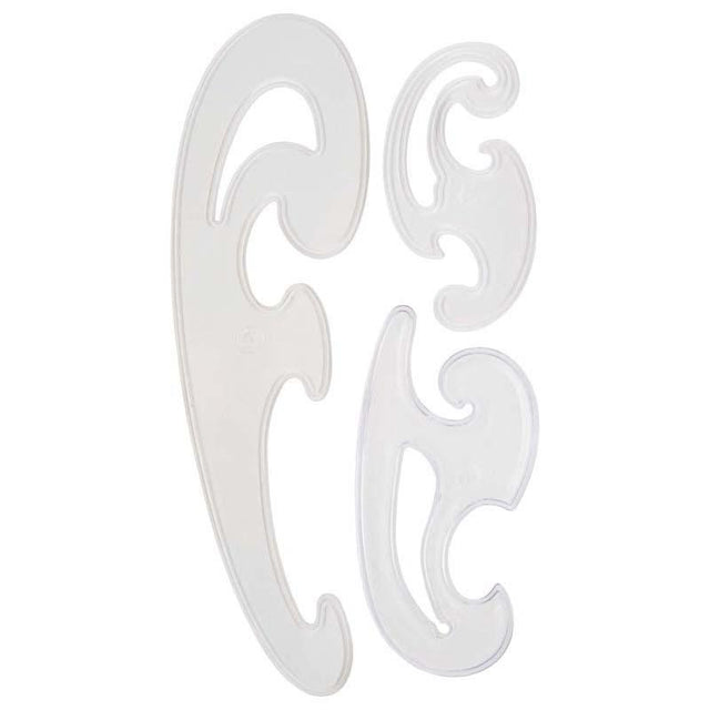 Taurus French Curves 3 Piece Set with small, medium, and large clear Styrene tools for precise drafting and artistic designs.