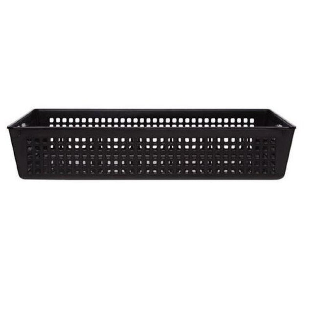 Sleek black Taurus Large Basket Tray for organized storage in home, office, or classroom; stackable and stylish design.