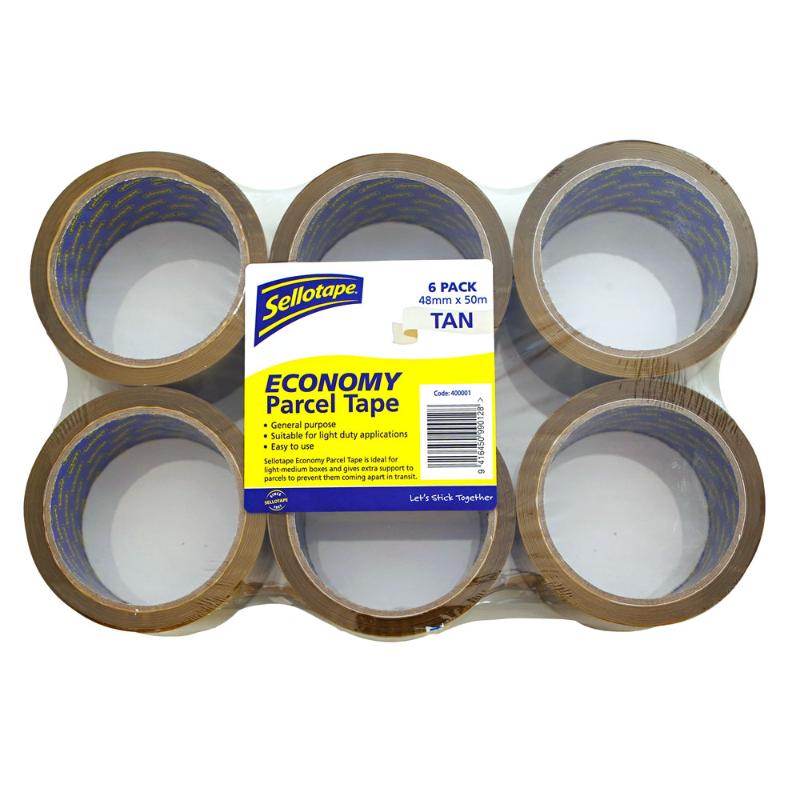 Tan Sellotape Parcel Tape 48mmx50m (6 pack) for reliable sealing of light to medium boxes, ensuring secure transit.