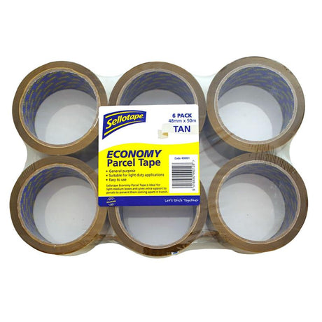 Tan Sellotape Parcel Tape 48mmx50m (6 pack) for reliable sealing of light to medium boxes, ensuring secure transit.