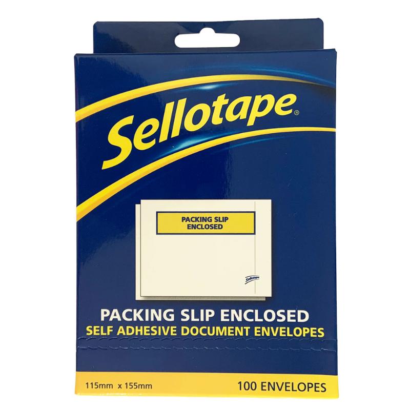 Sellotape Labelopes, 115x155mm packing slips, 100 pack, water-resistant, high-quality adhesive, ideal for shipping organization.