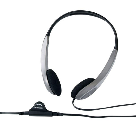 Verbatim Multimedia Headset featuring in-line volume control, soft foam cushions, and rich bass from 30mm drivers.