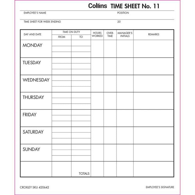 Collins Wage Time Sheets No.11, 100 leaves, designed for accurate time tracking and payroll processing, NZ market trusted.