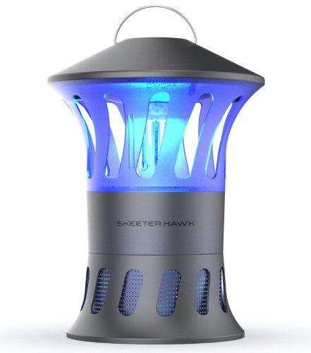 Skeeter Hawk Area Mosquito Trap featuring dual LED UV lights and whisper-quiet fan for effective flying insect control outdoors.