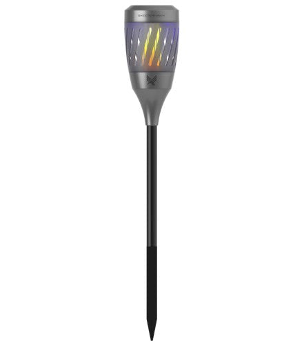 Solar Torch Zapper by Skeeter Hawk emits ambient flickering light while effectively attracting and zapping flying insects outdoors.