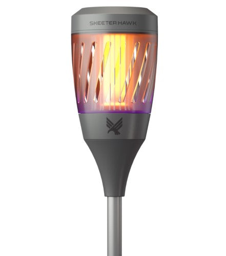 Solar Torch Zapper by Skeeterhawk, features dual-band UV tech for insect control and a flickering flame design for ambiance.