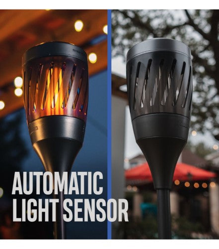 Solar Torch Zapper by Skeeter Hawk: flickering flame and UV light for bug-free outdoor gatherings with stunning design.