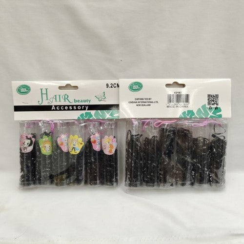 Black hair bands (9.2cm) in a pack of 12, perfect for secure, comfortable hairstyles for all hair types.