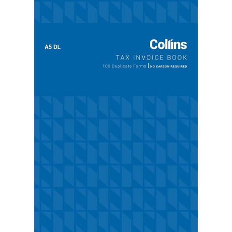 Collins Tax Invoice A5DL booklet with no carbon requirement, featuring 100 clear, compliant pages for efficient invoicing.