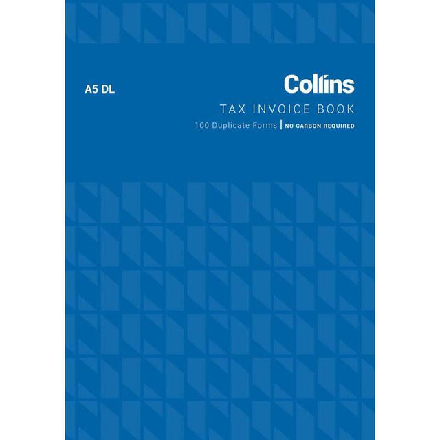 Collins Tax Invoice A5DL booklet with no carbon requirement, featuring 100 clear, compliant pages for efficient invoicing.