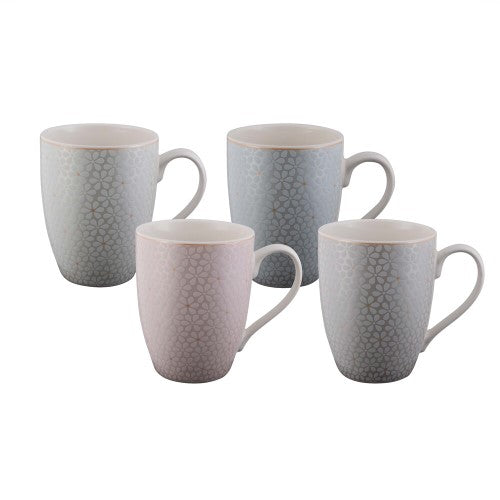 Set of 4 elegant Coupe Mugs featuring whimsical floral designs in pastel colors, perfect for tea, coffee, or soup.