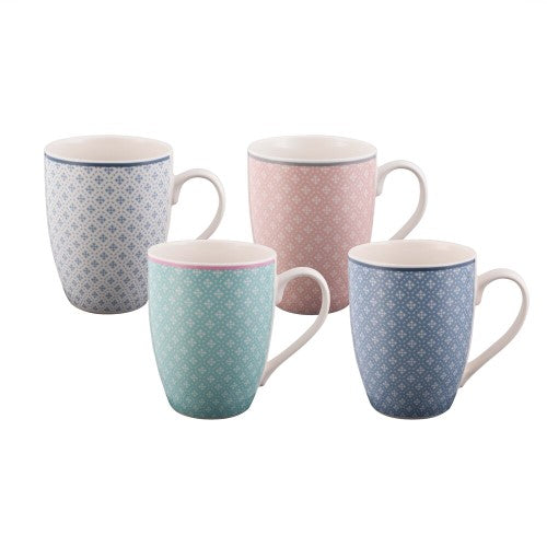 Set of 4 vibrant bone china Coupe Mugs with geo diamond patterns, perfect for tea, coffee, and soup, microwave & dishwasher safe.