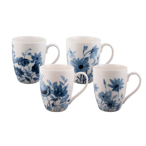 Whimsical floral-themed Coupe Mugs in a set of 4, crafted from new bone china, perfect for hot or cold beverages.