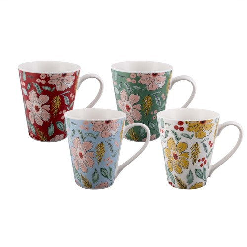 Set of 4 conical mugs with vibrant artwork, 400ml capacity, made from New Bone China, microwave and dishwasher safe.