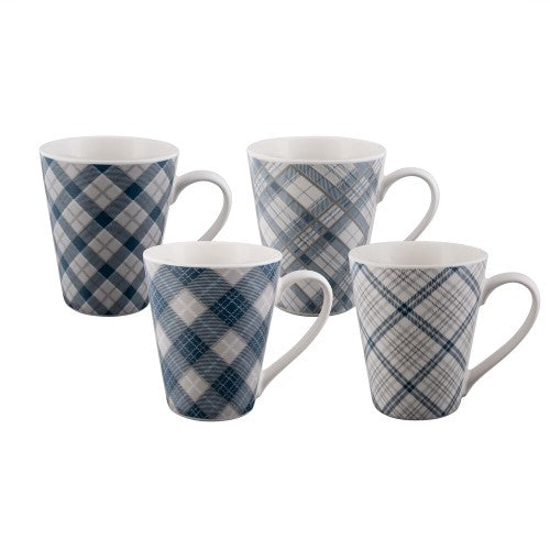 Set of 4 conical mugs featuring vibrant Bundanoon Tartan pattern in blue, crafted from durable New Bone China.