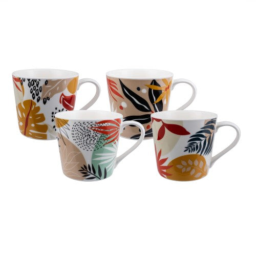 Set of 4 Bundanoon Abstract Paradise mugs featuring whimsical designs and bold colors, perfect for tea, coffee, and soup.