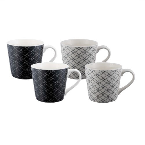 Set of 4 Mod Mugs featuring geometric patterns, 400ml New Bone China, microwave and dishwasher safe for stylish sipping.