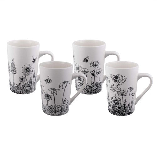 Set of 4 vibrant New Bone China tube mugs with whimsical garden illustrations, perfect for coffee, tea, or soup.