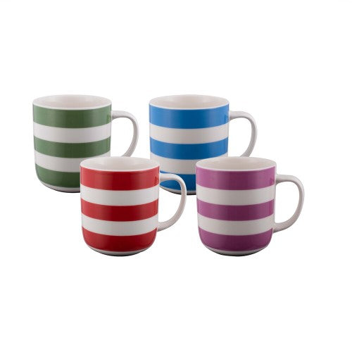 Set of 4 Bundanoon Naut Stripes mugs, featuring whimsical designs, high-quality New Bone China, perfect for various beverages.