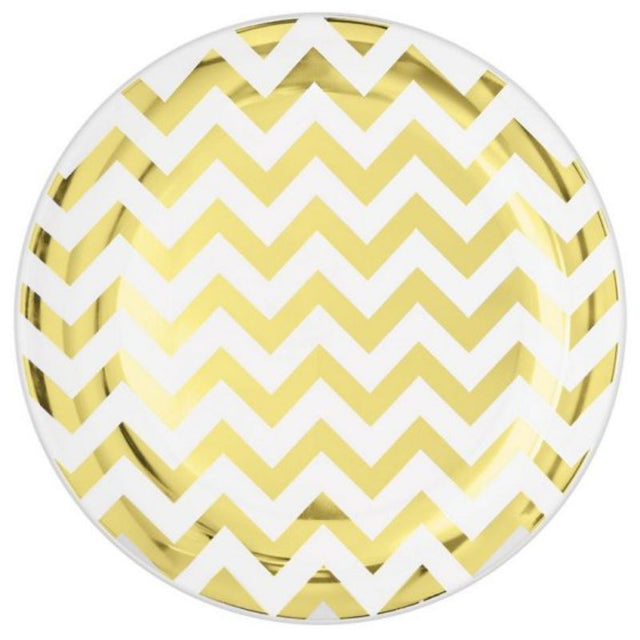 Stylish 19cm round plastic plates in gold chevron design, perfect for elegant gatherings; pack of 20, reusable and chic.