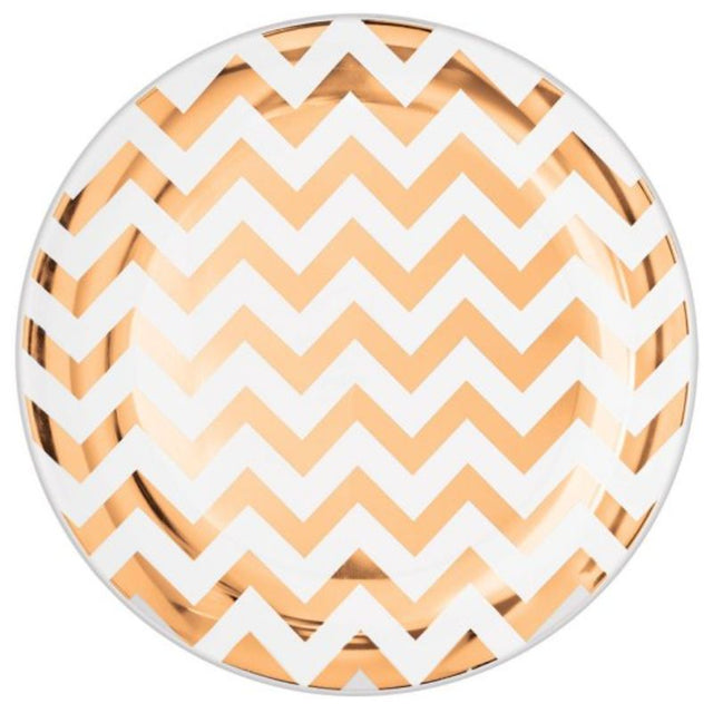 Premium rose gold chevron plastic plates, 19cm, pack of 20; perfect for stylish events and easy cleanup.