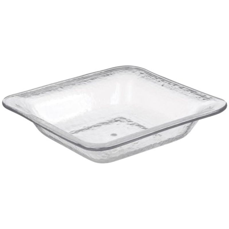 Clear hammered look large square bowl for serving salads and snacks; durable, eco-friendly 3.3L plastic design.