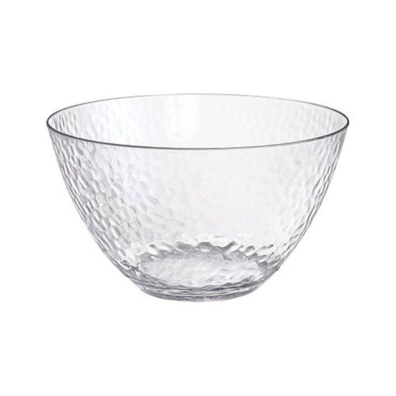 Elegant clear plastic bowl with hammered texture, perfect for serving salads and snacks at gatherings, 4.25L capacity.