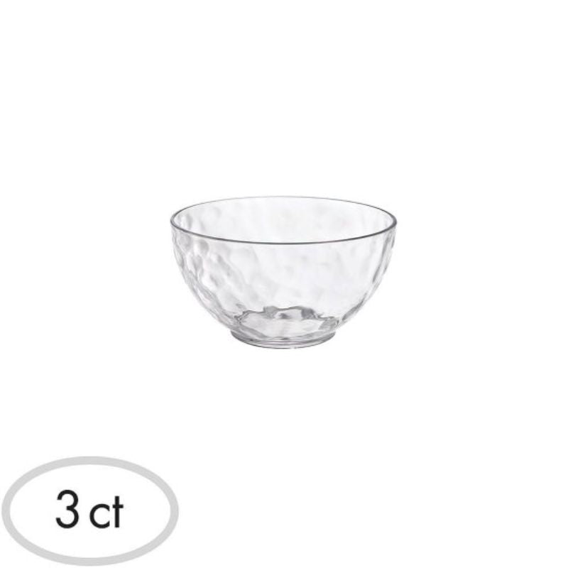 Clear hammered look bowls in a pack of 3, perfect for serving salads and snacks, made of durable plastic.