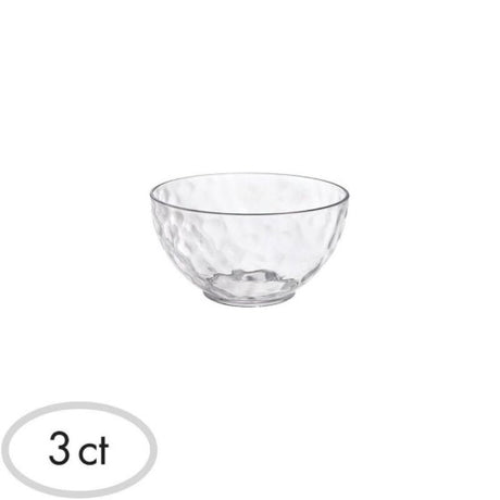 Clear hammered look bowls in a pack of 3, perfect for serving salads and snacks, made of durable plastic.