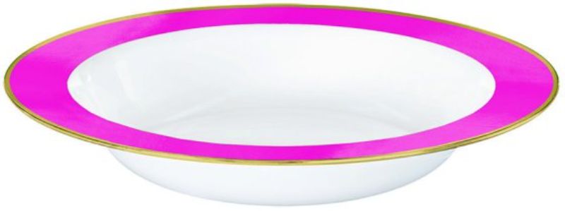 Set of 10 stylish white plastic bowls with a bright pink border, perfect for snacks and desserts. Each holds 354ml.