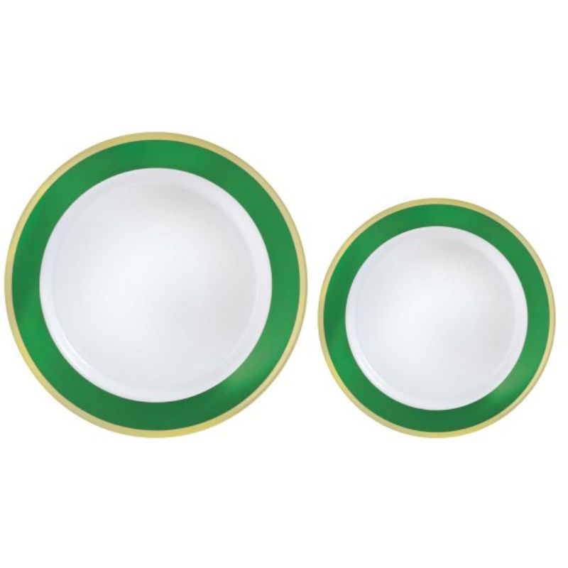 Festive green border plastic plates, pack of 20, ideal for elegant dining at parties and celebrations, reusable and stylish.