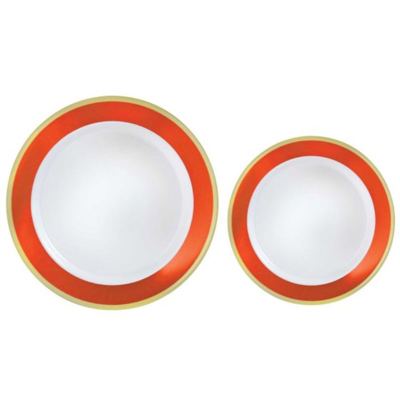 Premium plastic plates with orange peel border, pack of 20, 10 large (26cm) and 10 small (19cm), reusable and stylish.