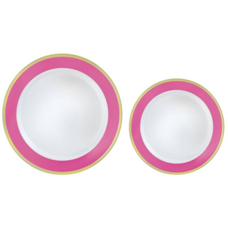 Elegant pack of 20 premium plastic plates with a bright pink border, perfect for stylish dining at any event.