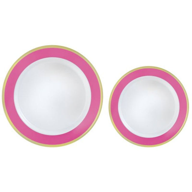 Elegant pack of 20 premium plastic plates with a bright pink border, perfect for stylish dining at any event.