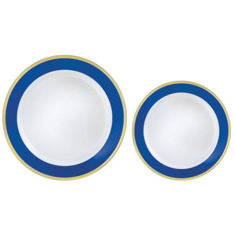 Elegant premium plastic plates with bright royal blue border, pack of 20, including large and small sizes for any occasion.