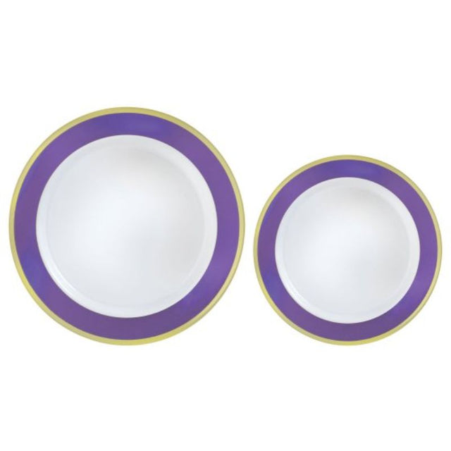 Stylish reusable plastic plates featuring a chic purple border, ideal for casual gatherings and festive occasions. Pack of 20.