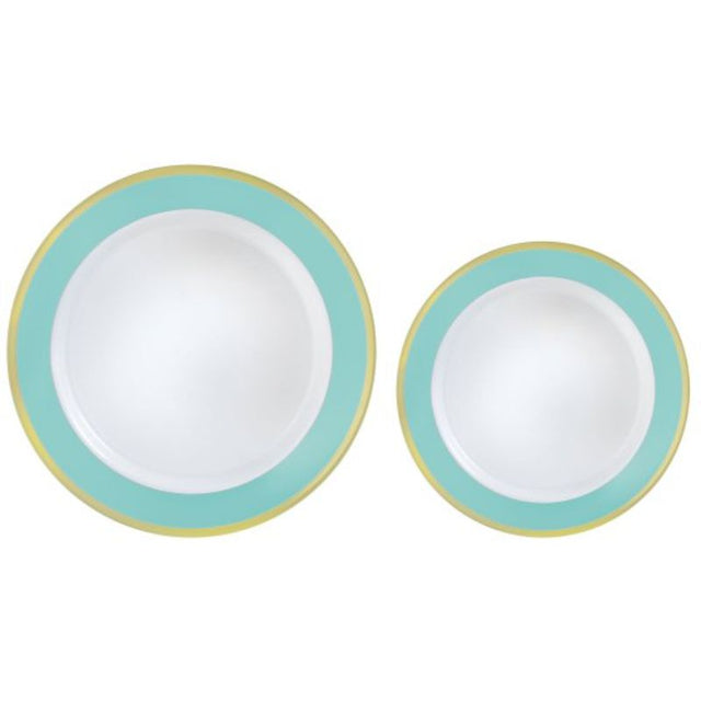 Premium plastic plates with a Robin's Egg Blue border, 20-pack in 26cm and 19cm sizes, stylish and reusable for any occasion.