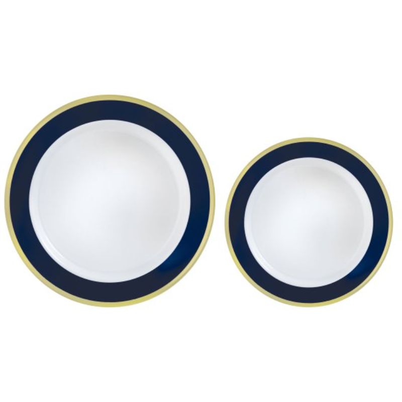 Premium plastic plates with a True Navy Border, pack of 20 in two sizes, elegant and reusable for stylish dining occasions.