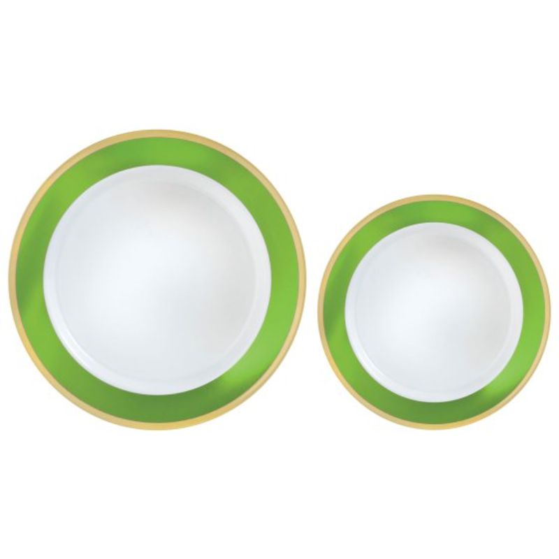 Premium plastic plates with a vibrant Kiwi Green border, pack of 20, ideal for stylish and eco-friendly dining.