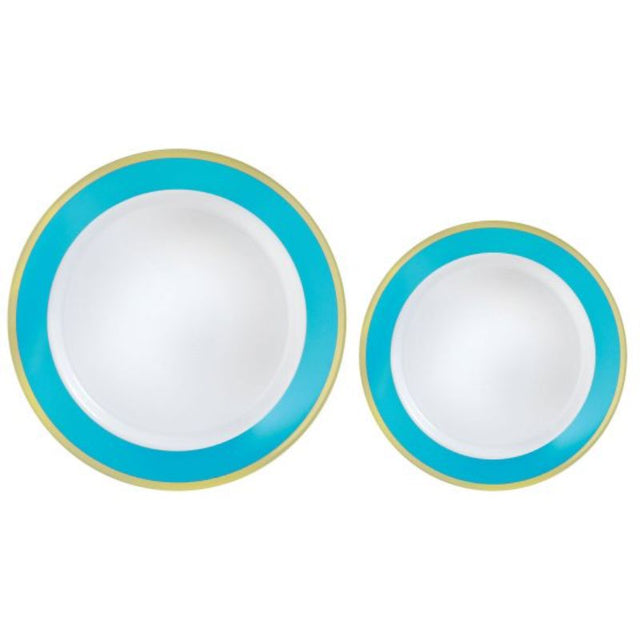 Premium plastic plates with Caribbean Blue border, pack of 20, ideal for elegant dining and easy cleanup.