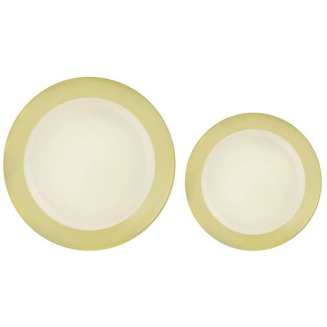 Elegant premium plastic plates in vanilla creme with stylish border, reusable pack of 20 for sophisticated dining occasions.