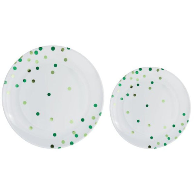 Premium plastic plates with festive green dots, 10 large (26cm) and 10 small (19cm), perfect for any celebration or gathering.