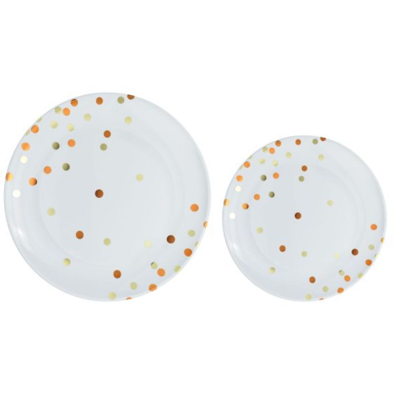 Elegant pack of 20 premium plastic plates with vibrant orange peel dot design, perfect for stylish dining and gatherings.