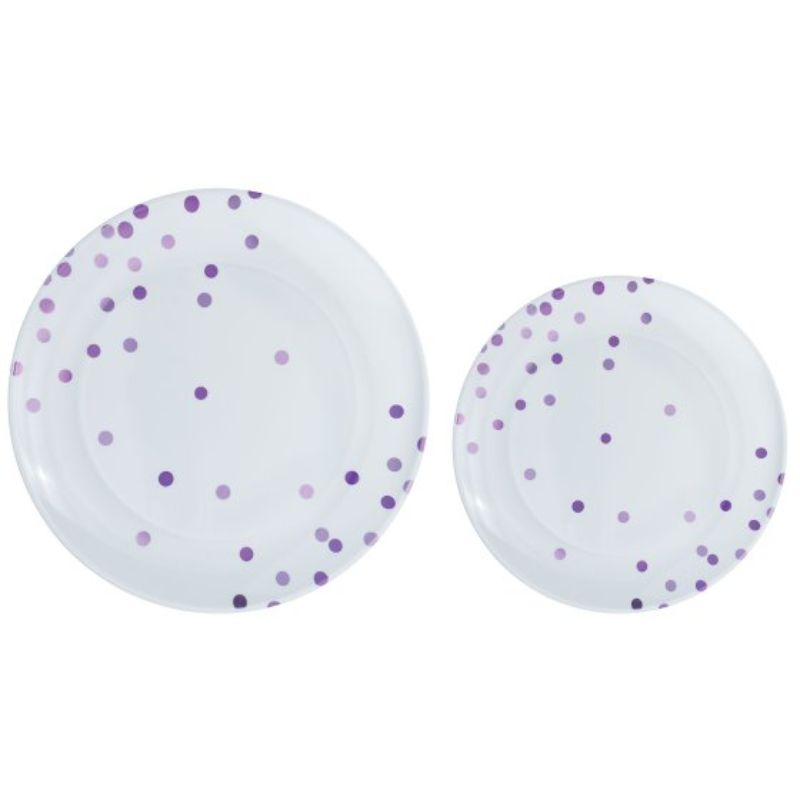 Premium plastic plates with vibrant purple dots, pack of 20, reusable, perfect for any festive occasion.