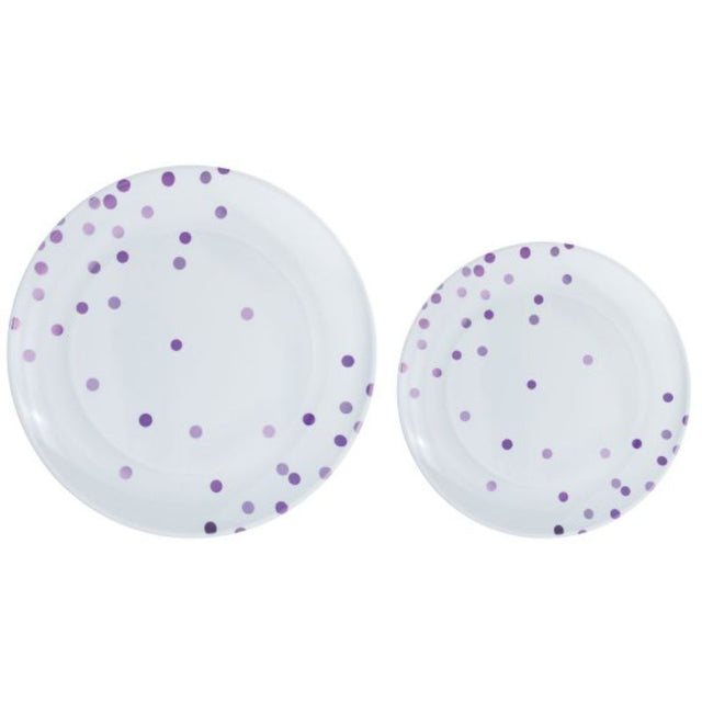 Premium plastic plates with vibrant purple dots, pack of 20, reusable, perfect for any festive occasion.