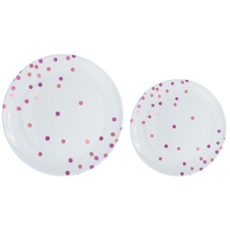 Stylish pink-dotted premium plastic plates, pack of 20, perfect for dinner and appetizers, ideal for celebrations and eco-friendly use.