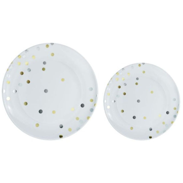 Elegant disposable plastic plates with gold and silver dots, perfect for classy events, pack of 20, reusable, hand wash only.