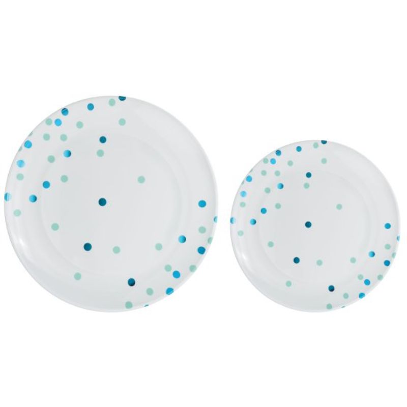 Premium plastic plates with Caribbean blue dots, 10 large (26cm) and 10 small (19cm), perfect for stylish dining.