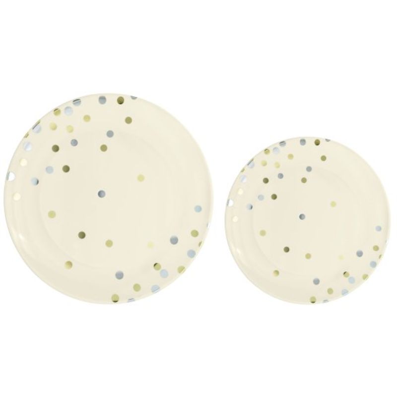 Elegant vanilla creme plastic plates with dot pattern, pack of 20 in two sizes for versatile dining occasions.