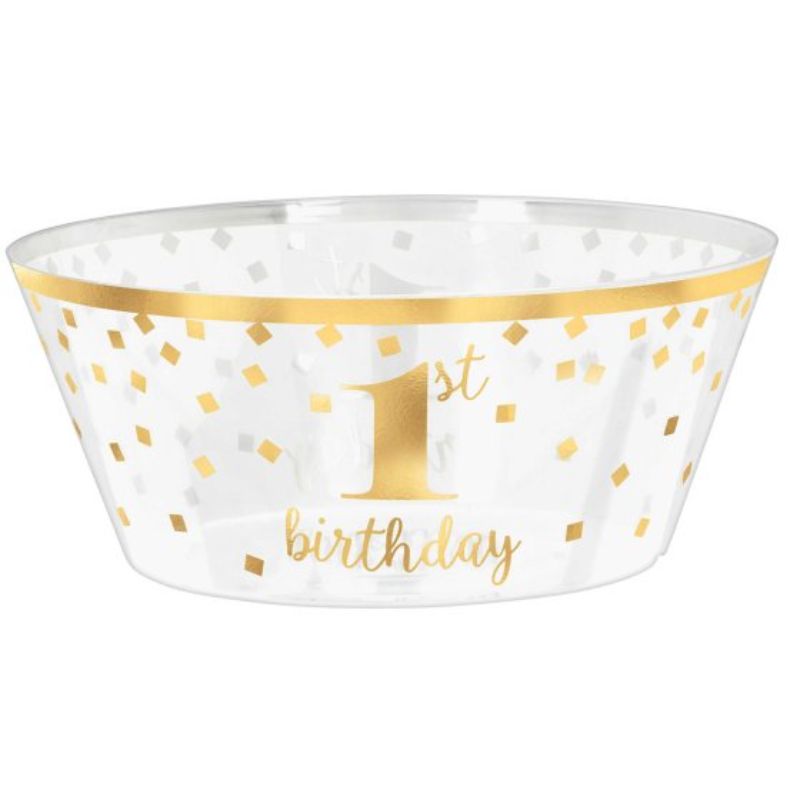 Vibrant large plastic serving bowl with hot-stamped design for a child's 1st birthday celebration, perfect for snacks and eco-friendly.